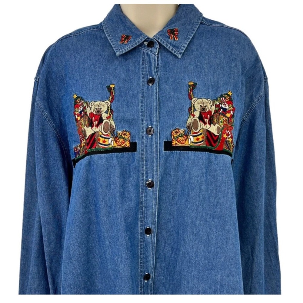 Womens VINTAGE Denim Shirt Long Sleeve Embroidered Teddy‎ Bear Button Up Top